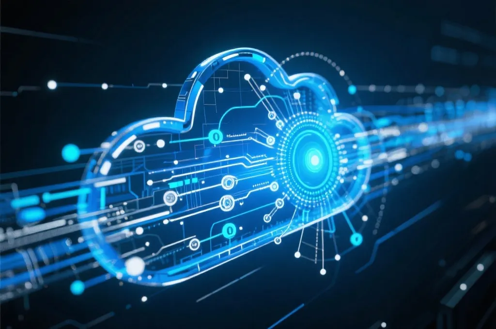 Abstract digital network visualizing ultra-fast data transmission and cloud computing